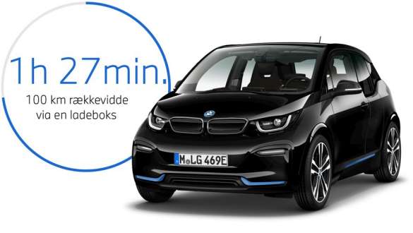 BMW i3s I01 Fluid Black med detaljer i BMW i Blue set forfra let drejet BMW i3s I01 Fluid Black med detaljer i BMW i Blue set forfra let drejet