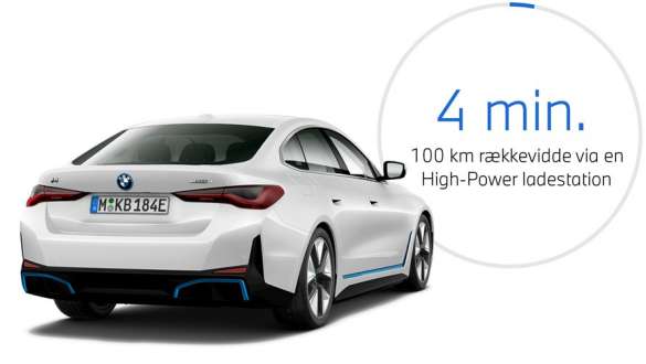 BMW i4 eDrive40 G26 2021 set bagfra let drejet med grafik vedr. ladetiden BMW i4 eDrive40 G26 2021 set bagfra let drejet med grafik vedr. ladetiden