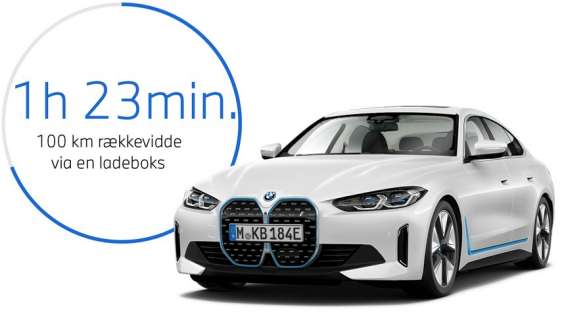 BMW i4 eDrive40 G26 2021 set forfra let drejet med grafik vedr. ladetiden BMW i4 eDrive40 G26 2021 set forfra let drejet med grafik vedr. ladetiden
