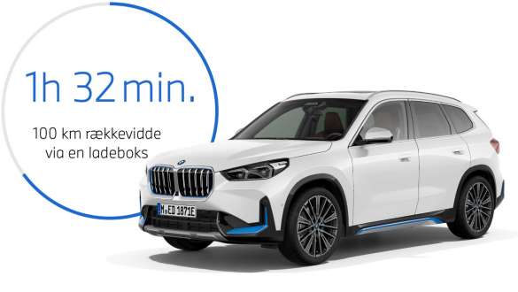 BMW iX1 xDrive30 U11 BEV 2022 charging at home BMW iX1 xDrive30 U11 BEV 2022 Mineral White metallic set skråt forfra charging at home