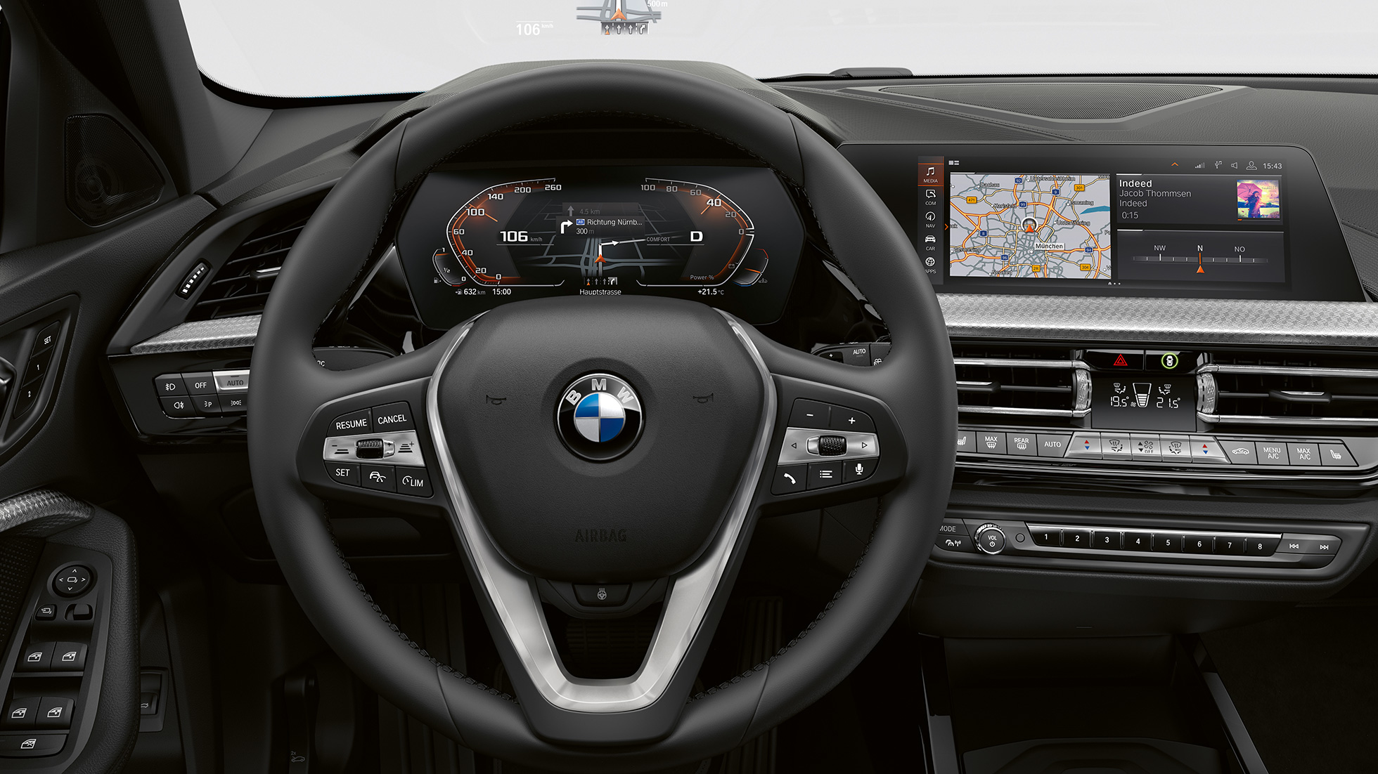Sportslæderrat. BMW 1-serie model Luxury Line, cockpit med sportslæderrat.