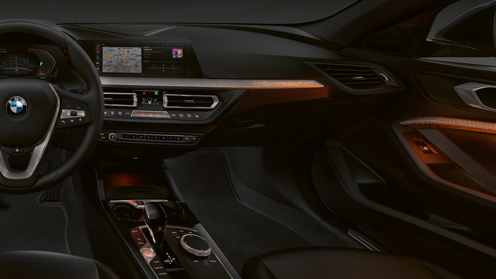 Interiørlister 'Illuminated Nizza'. BMW 1-serie model Luxury Line, interiørlister 'Illuminated Nizza'.