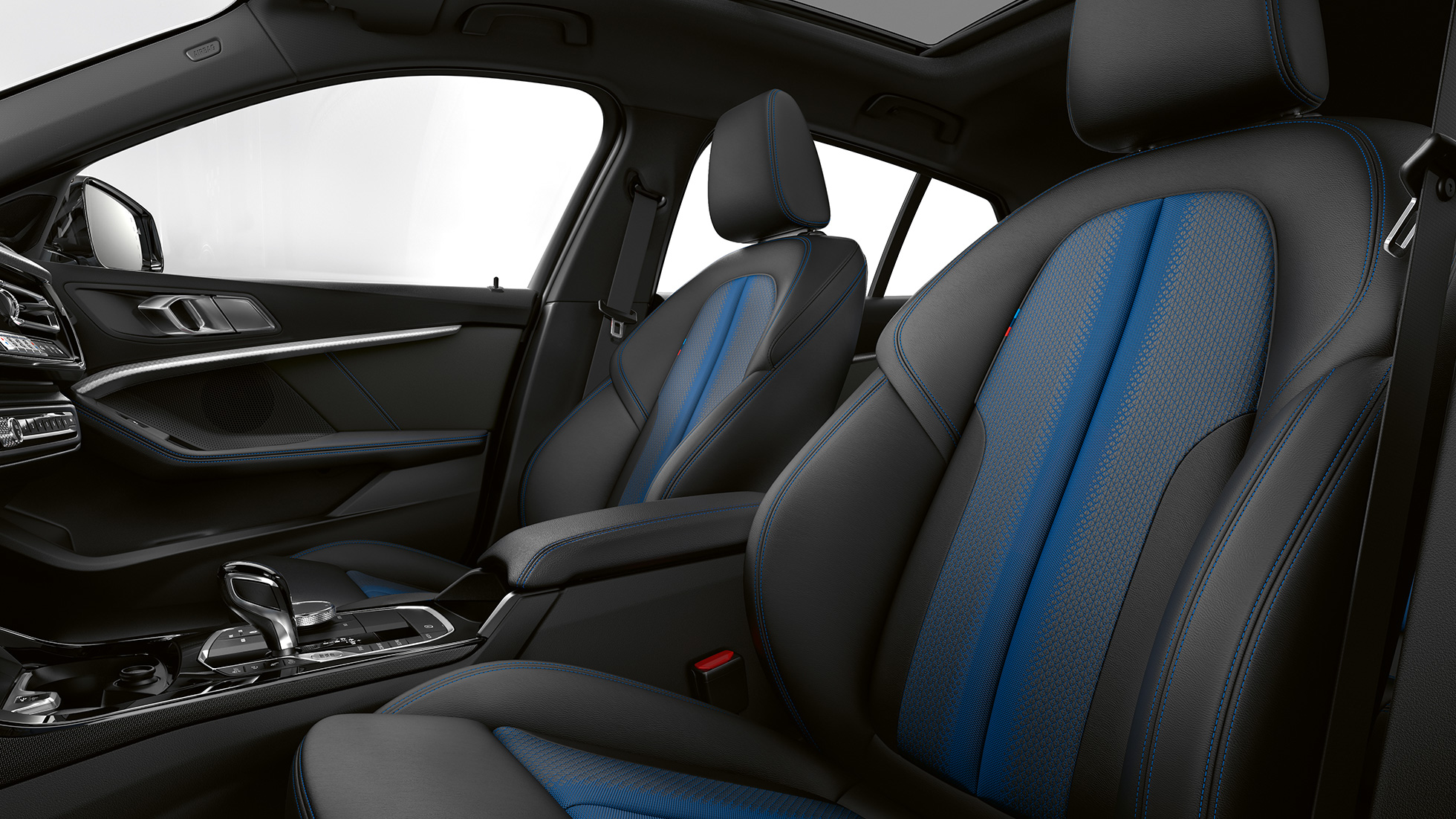 M sportssæder. BMW 1-serie model M Sport, interiør med M sportssæder.
