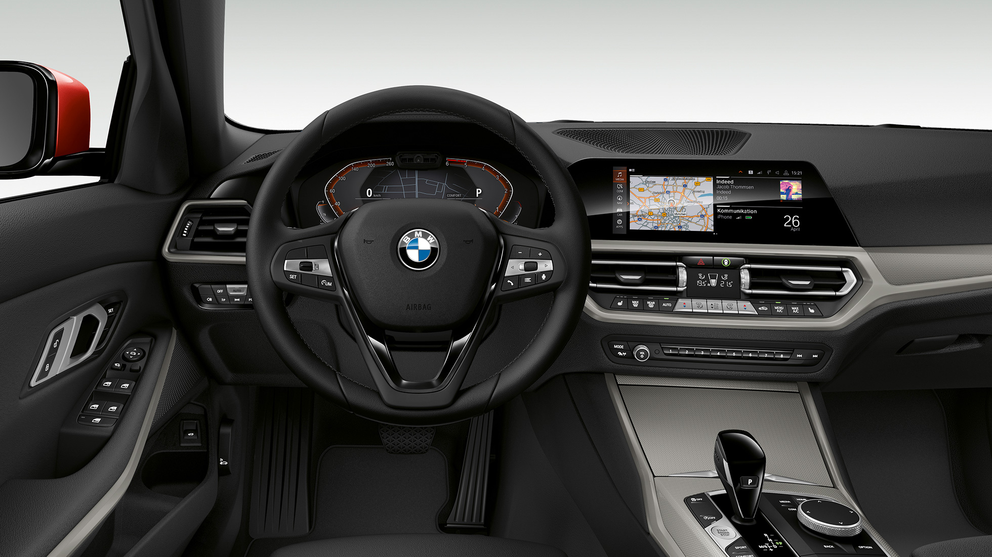 BMW 3-serie Sedan, Model Advantage-cockpit. Nærbillede af cockpit i BMW 3-serie Sedan set forfra, med Model Advantage-udstyr.