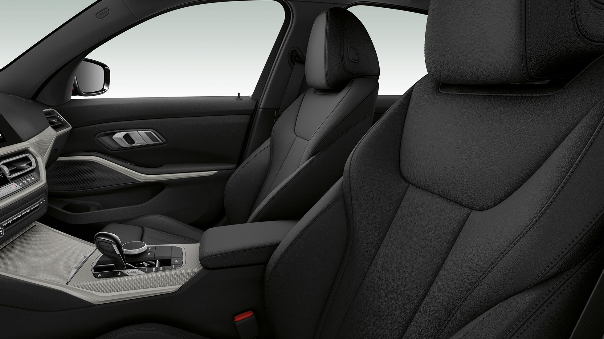 BMW 3-serie Sedan, Model Advantage-forsæder. Nærbillede fra siden af BMW 3-serie Sedan med Model Advantage-udstyr.