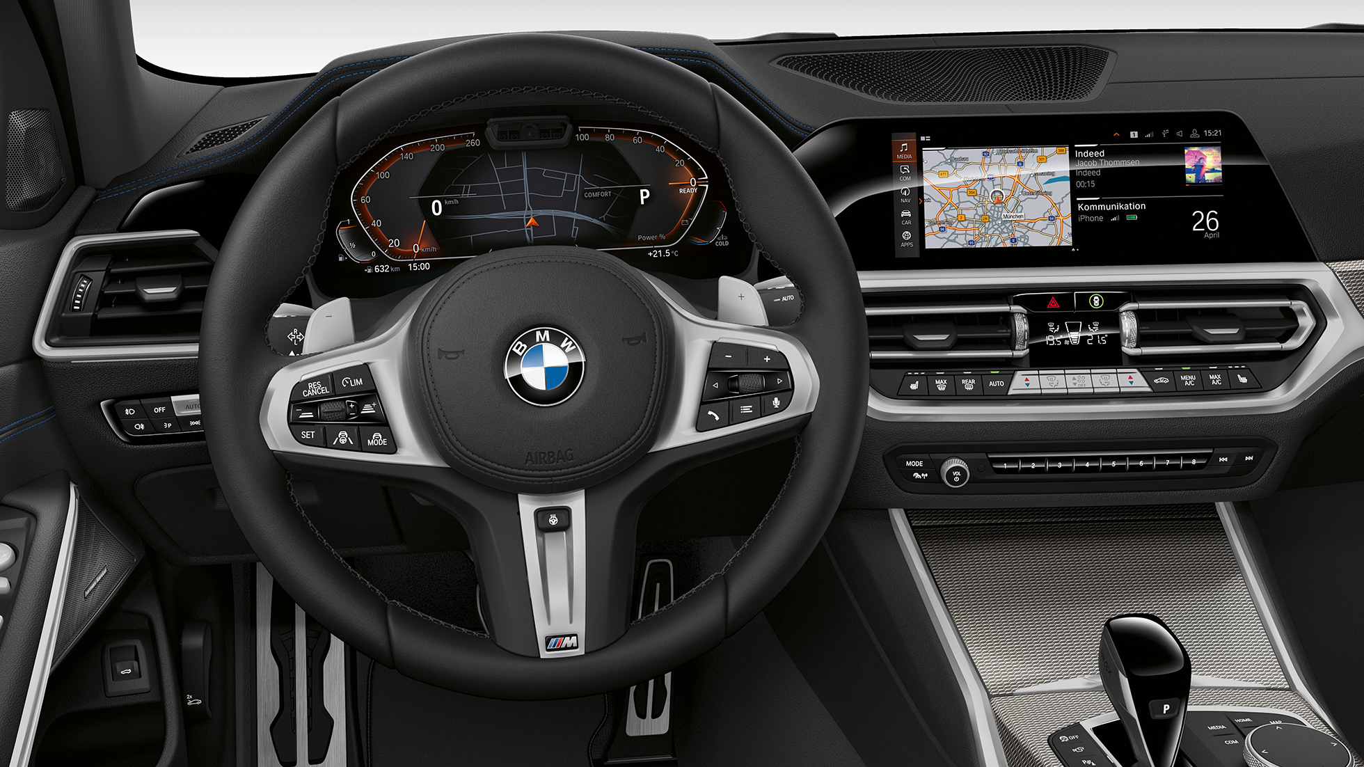 BMW 3-serie Sedan, Model Sport Line-cockpit. Nærbillede af cockpit i førersiden i BMW 3-serie Sedan set forfra, med Model Sport Line-udstyr.
