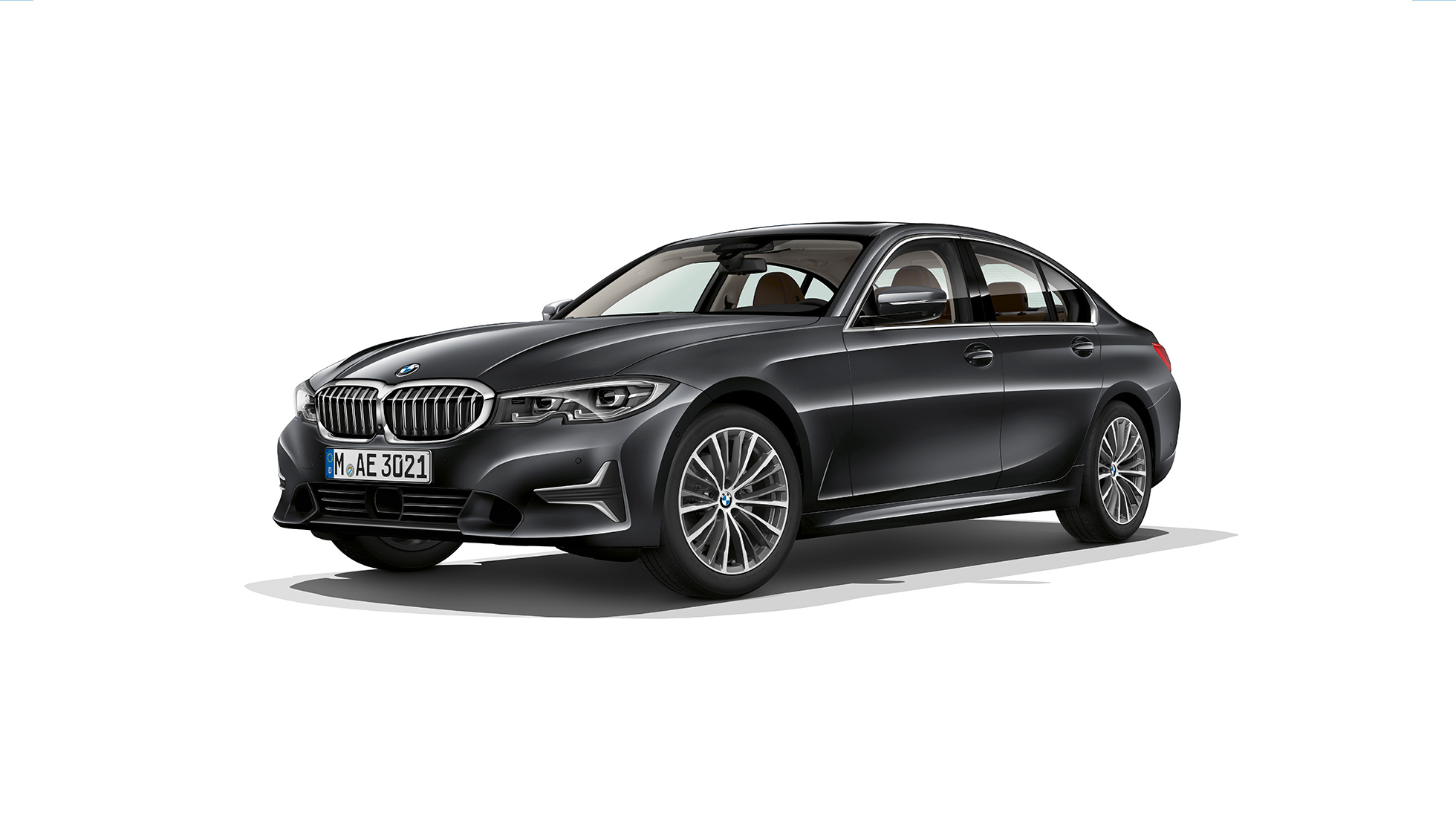 BMW 3-serie Sedan, Model Luxury Line. BMW 3-serie Sedan i profil, parkeret, Model Luxury Line.