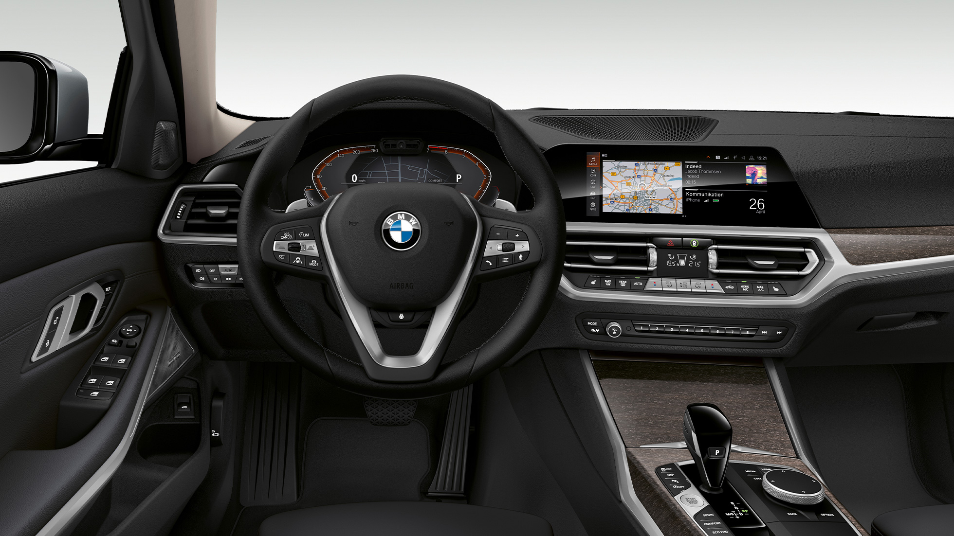 BMW 3-serie Sedan, Model Luxury Line-cockpit. Nærbillede af cockpit i førersiden i BMW 3-serie Sedan set forfra, med Model Luxury Line-udstyr.