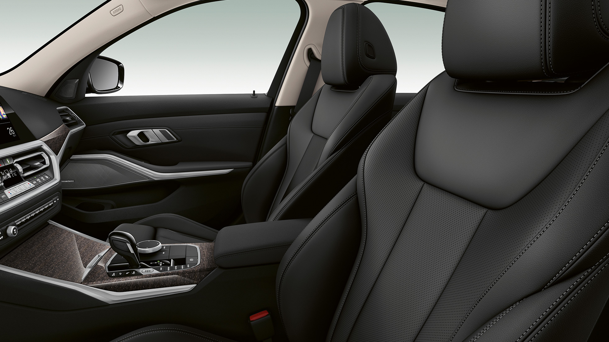 BMW 3-serie Sedan, Model Luxury Line-forsæder. Nærbillede fra siden af forsæder i BMW 3-serie Sedan med Model Luxury Line-udstyr.