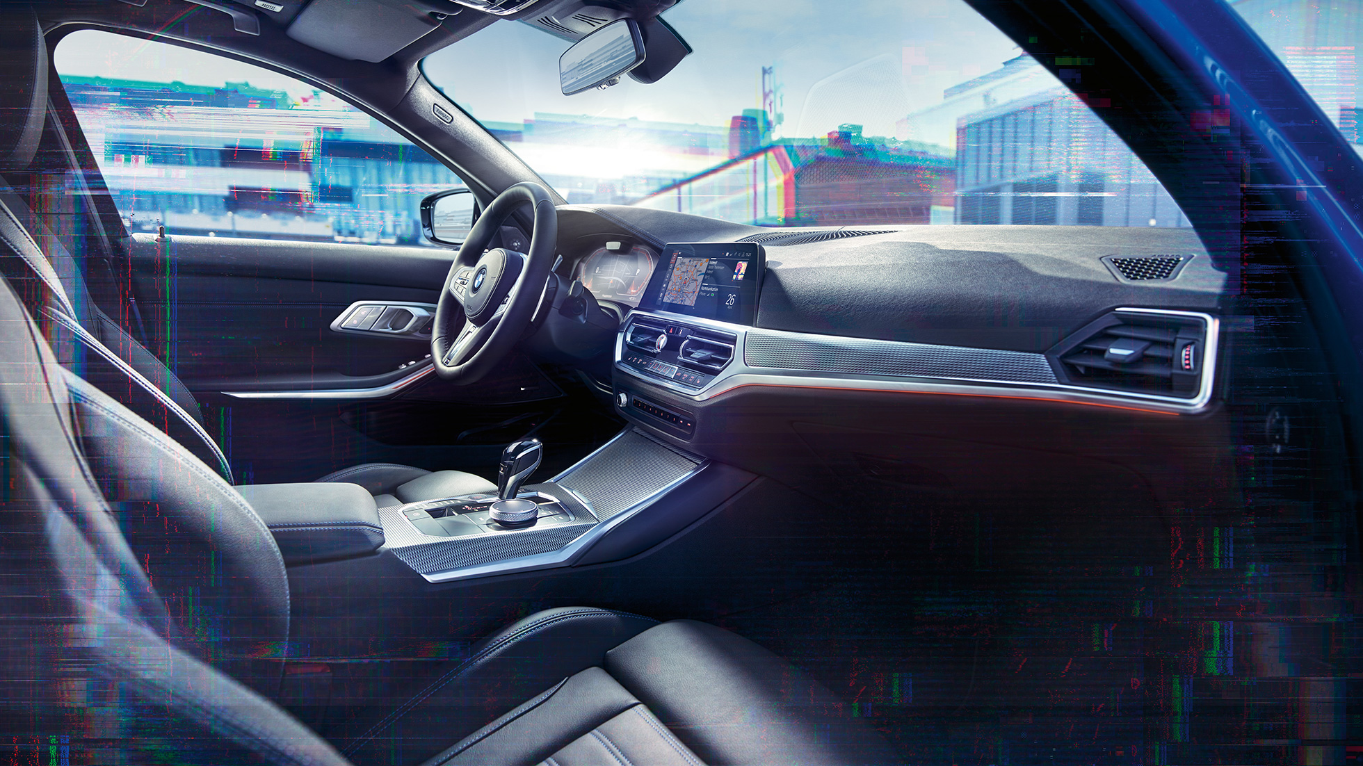 BMW 3-serie Sedan, BMW Live Cockpit Professional. Nærbillede af kabinen i BMW 3-serie Sedan med BMW Live Cockpit Professional.