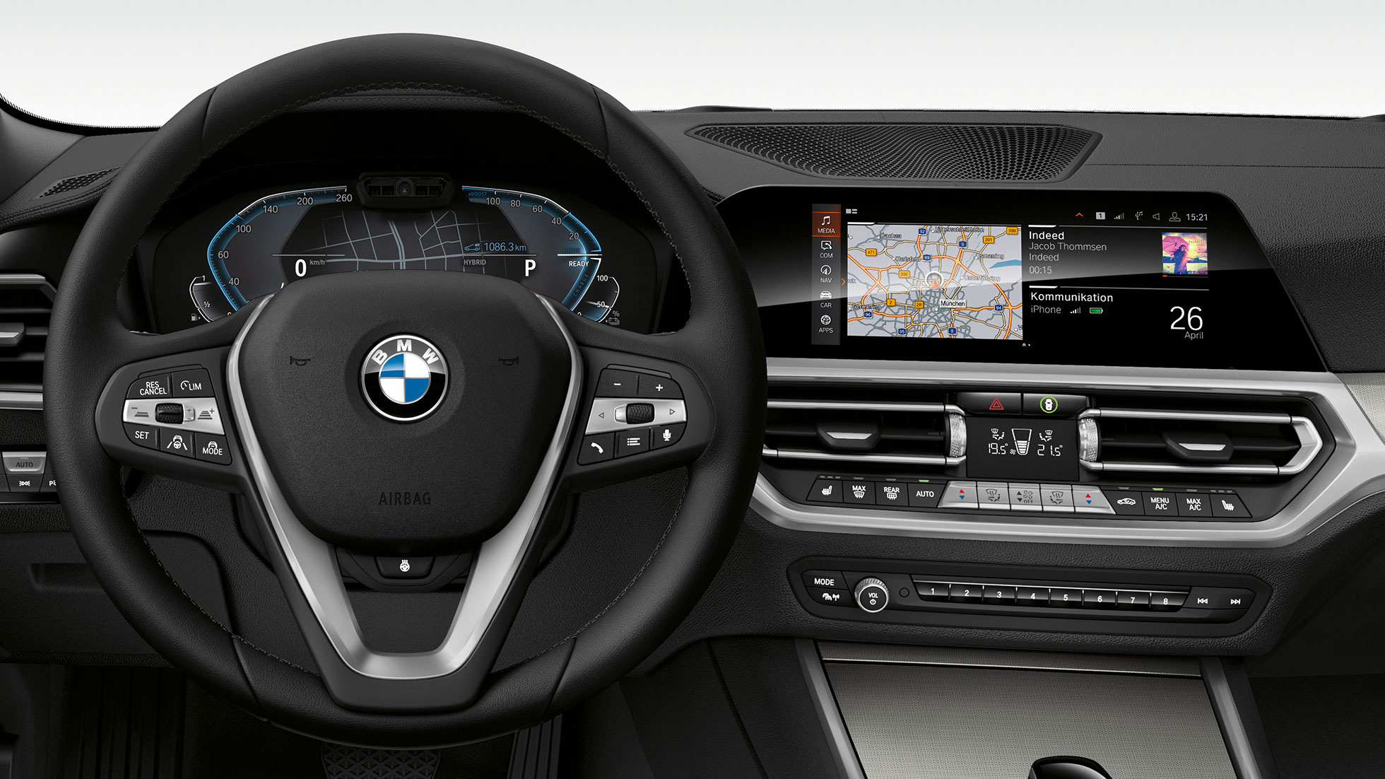 BMW 3-serie Sedan, Cockpit. Nærbillede af cockpit i BMW 3-serie Sedan med i-specifik visning.