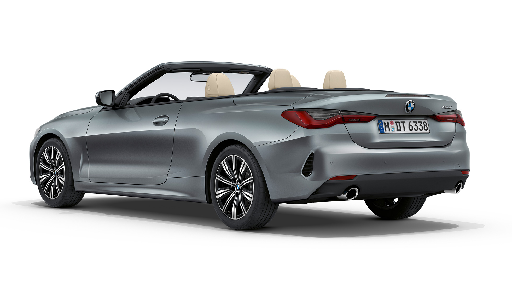 Bagende BMW 4-serie Cabriolet standardkonfiguration G23 2020 BMW 4-serie Cabriolet G23 2020 standardkonfiguration Sanremo Green metallic set bagfra let drejet