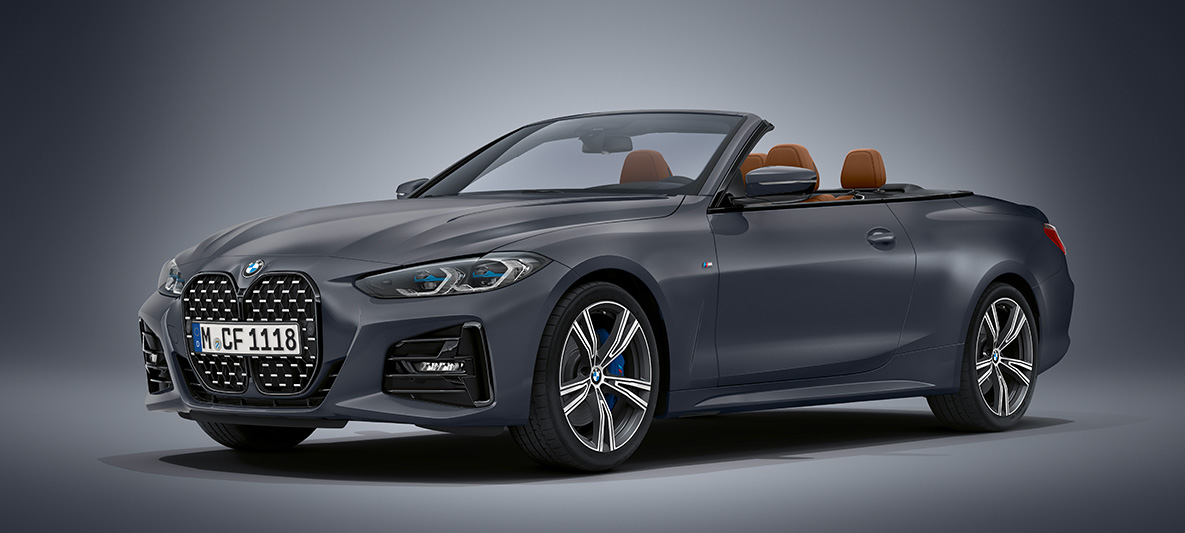 BMW Individual Frozen Deep Grey metallic BMW 4-serie Cabriolet G23 2020 BMW 4-serie Cabriolet Individual Frozen Deep Grey metallic G23 2020 set forfra let drejet holdende