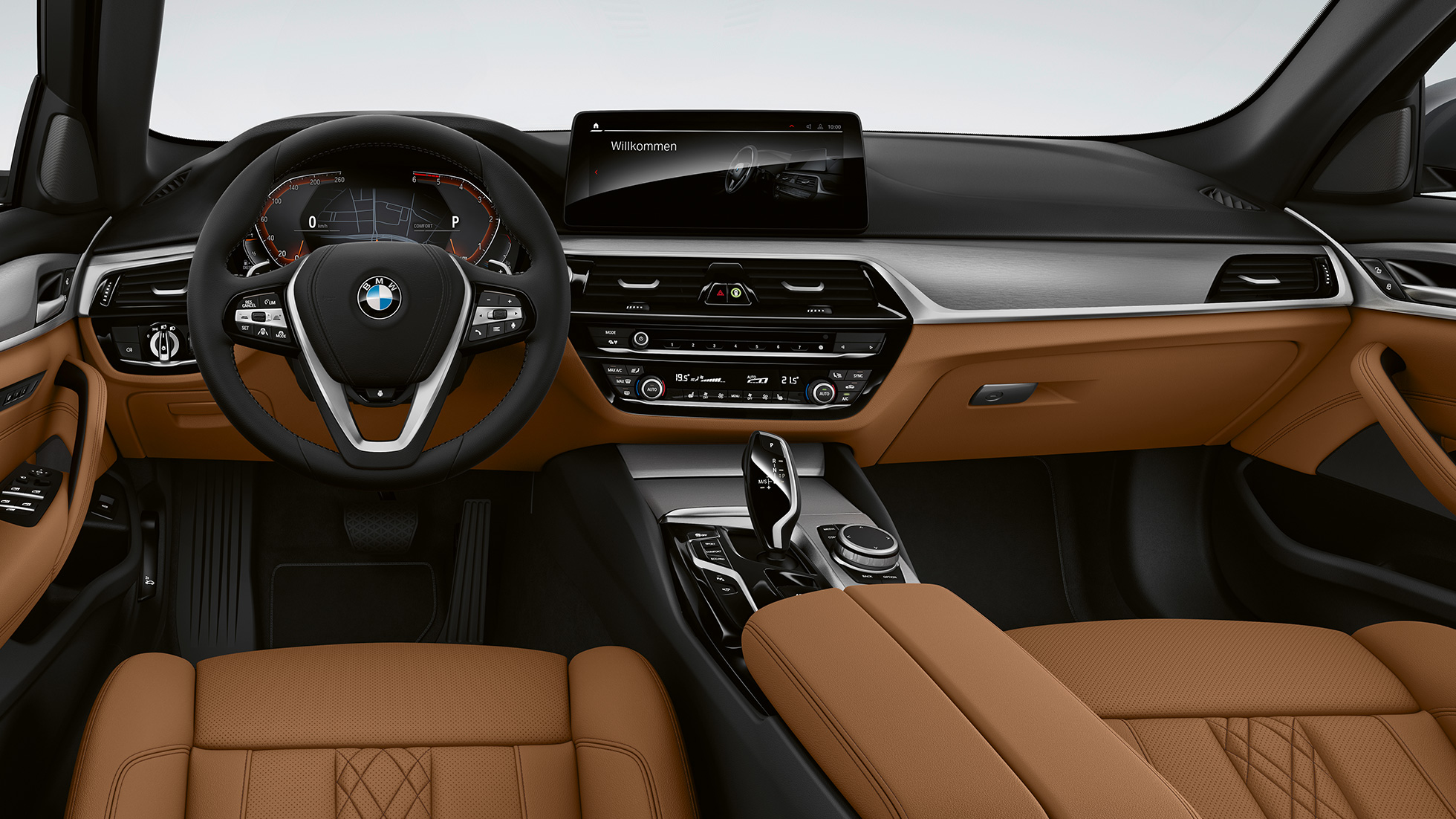 Cockpit BMW 5-serie Sedan G30 standardkonfiguration Cockpit BMW 5-serie Sedan 540i G30 2020 standardkonfiguration Sensatec cognac kabine