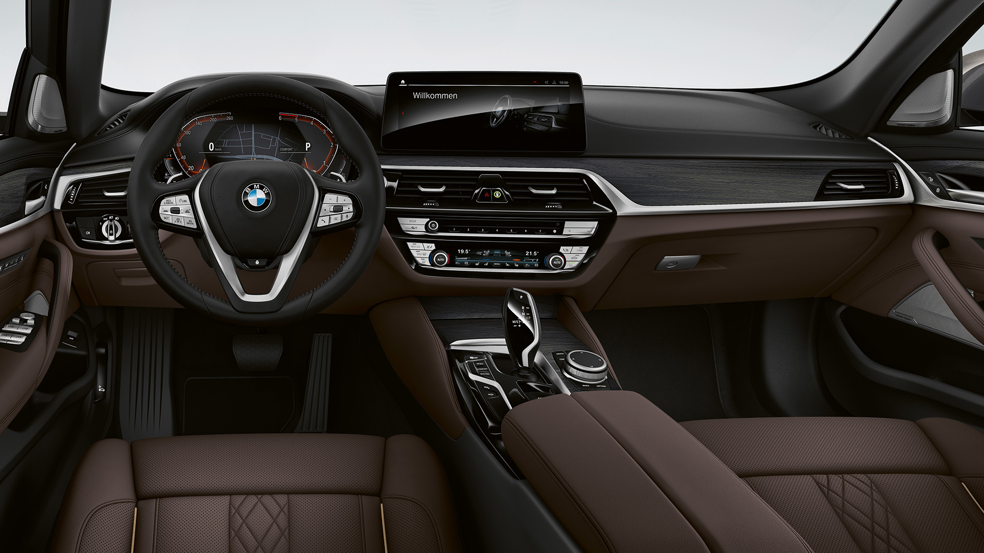 Cockpit BMW 5-serie Sedan G30 Luxury Line Cockpit BMW 5-serie Sedan 520d xDrive G30 2020 Luxury Line eksklusivt læder "Nappa" mokka fremhævede syninger med kanter i kontrast kabine
