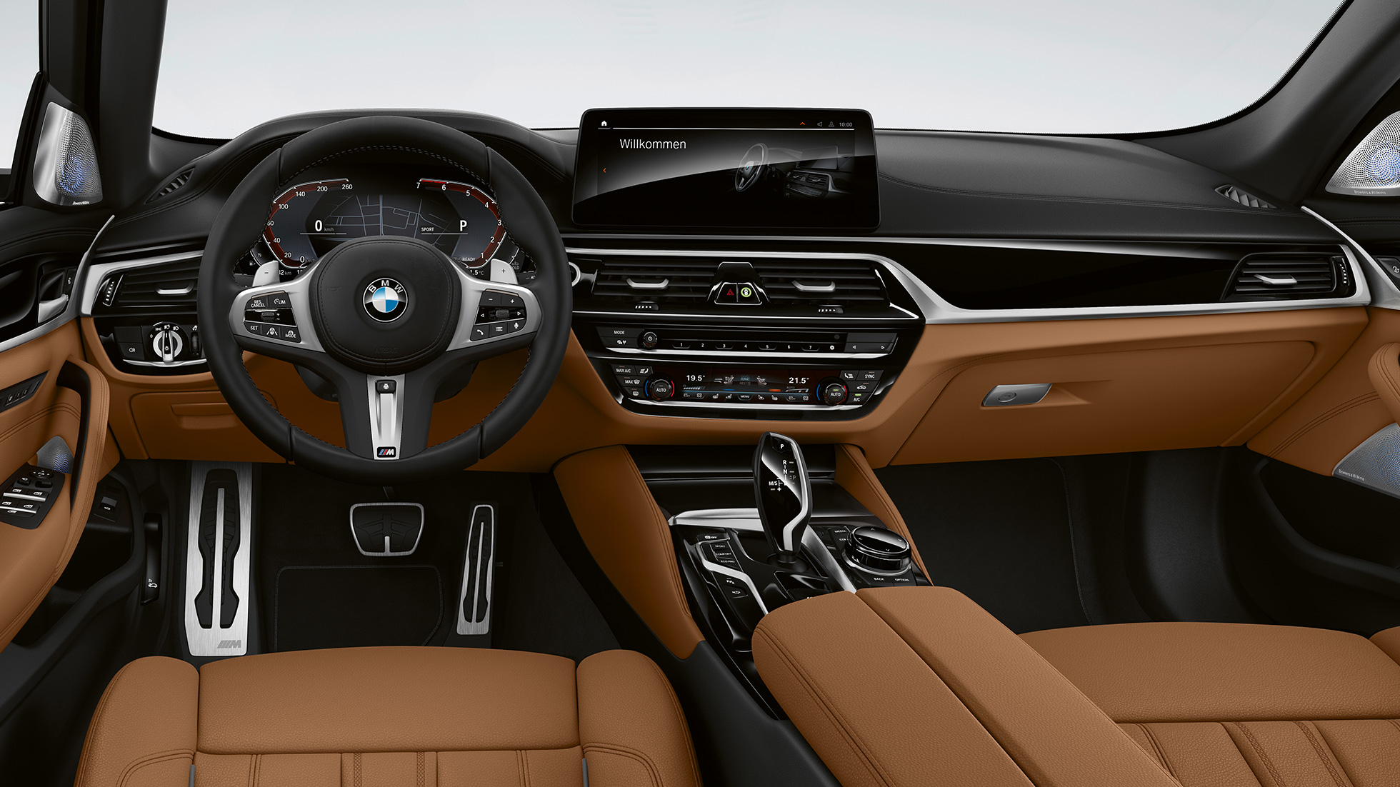 Cockpit BMW 5-serie Touring G31 M Sportspakke Cockpit BMW 5-serie Touring 530e G31 2020 M Sportspakke læder "Dakota" cognac, fremhævede syninger med kanter i kontrast kabine