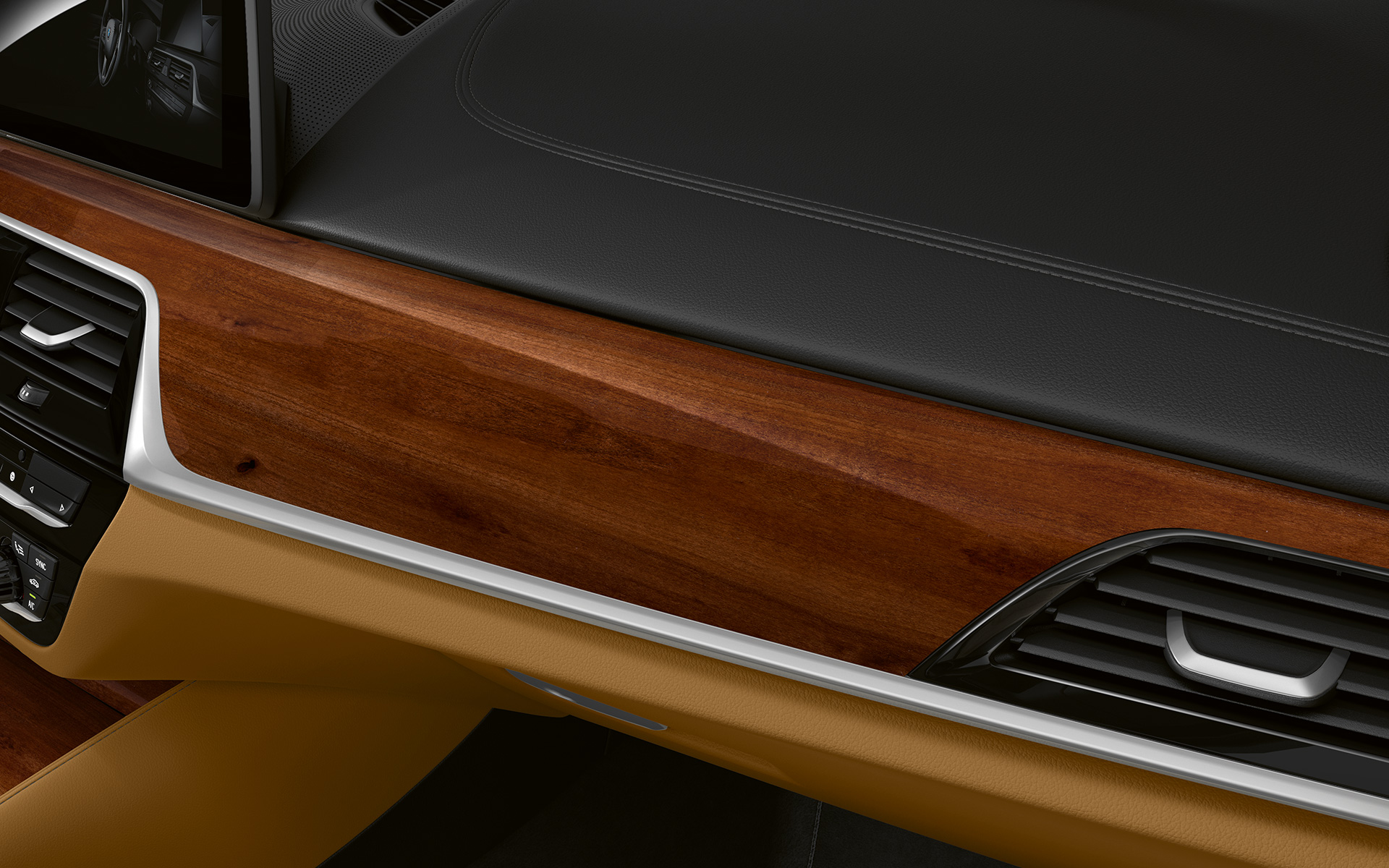 BMW 5-serie Touring G31 LCI cockpit i detaljer interiørliste BMW Individual ædeltræ Plum Brown højglans med designliste i perleglanskrom BMW 5-serie Touring G31 Facelift 2020 cockpit i detaljer interiørliste BMW Individual ædeltræ Plum Brown højglans med designliste i perleglanskrom