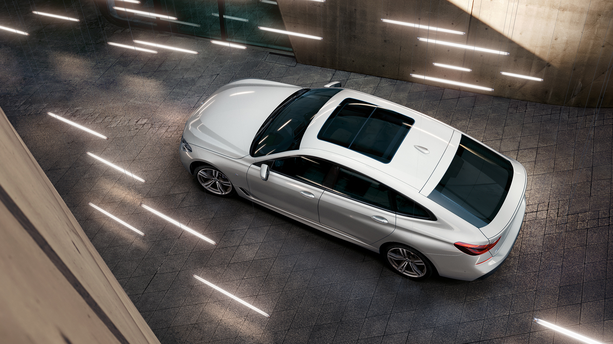 BMW 6-serie Gran Turismo G32 fugleperspektiv BMW 6-serie Gran Turismo G32 2017 Mineral White Metallic fugleperspektiv