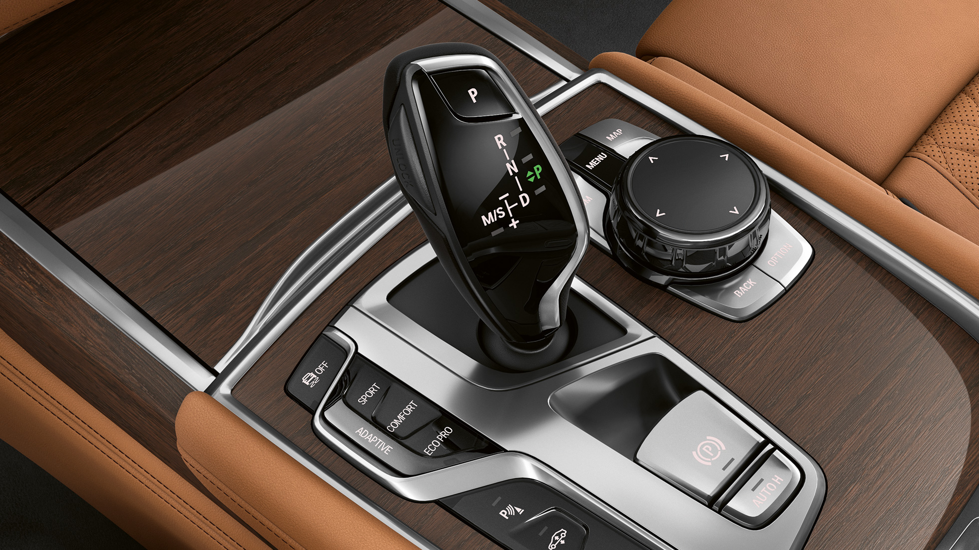 BMW 7-serie Sedan med eksteriør i Pure Excellence-design, gearstang BMW 7-serie Sedan med eksteriør i Pure Excellence-design: Nærbillede af gearstang