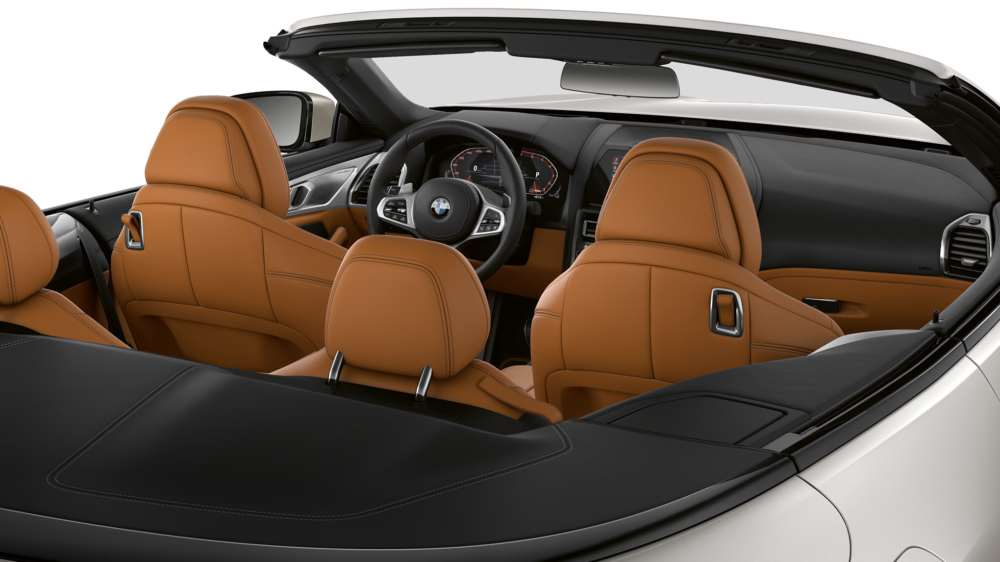 BMW M850i xDrive, indvendigt med åben stofkaleche. BMW M850i xDrive, indvendigt med åben stofkaleche.