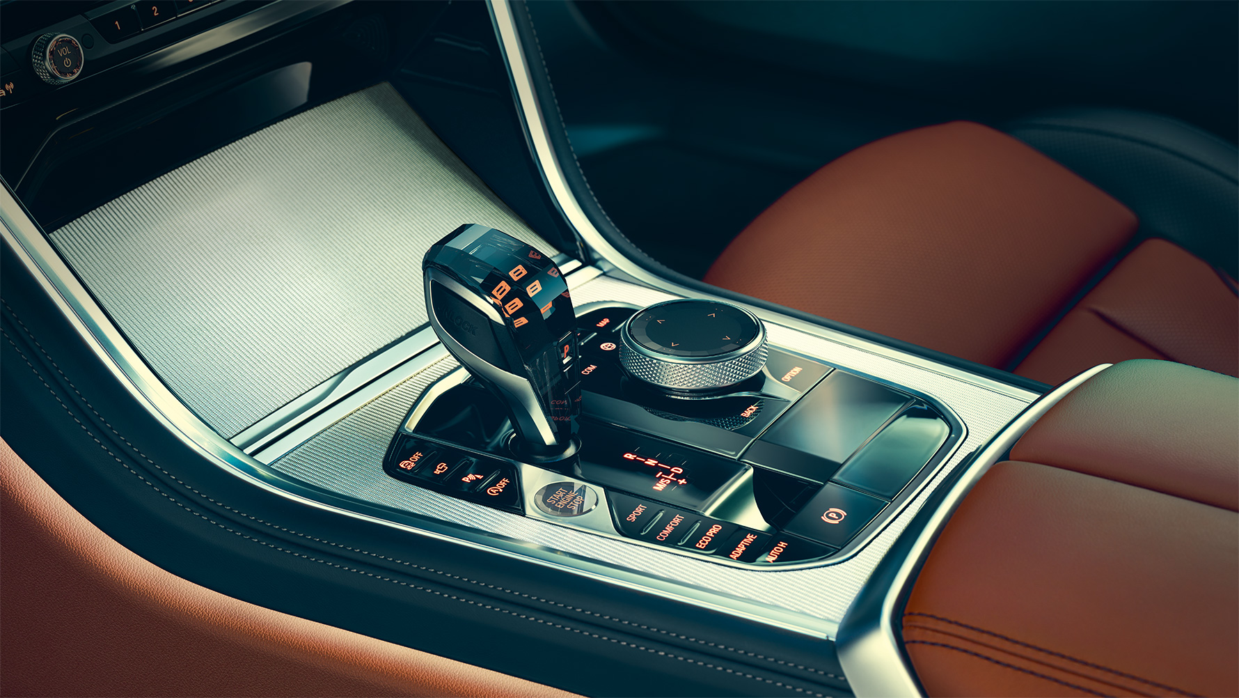BMW 8-serie Coupé, midterkonsol Nærbillede af kabinen i BMW 8-series Coupé med fokus på midterkonsollen.