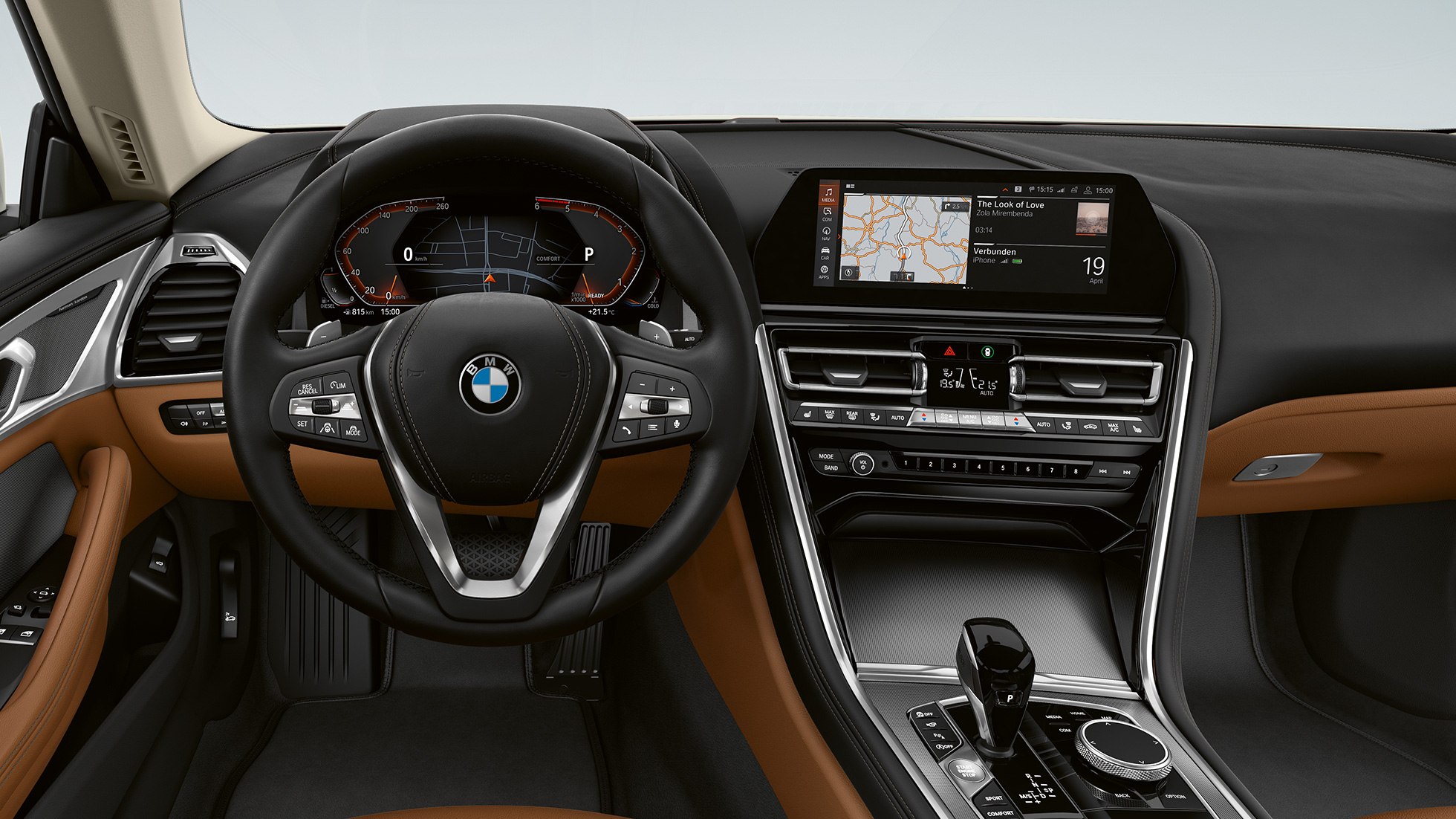 BMW 8-serie Coupé, cockpit, interiørlister i aluminium med neteffekt mørk.
