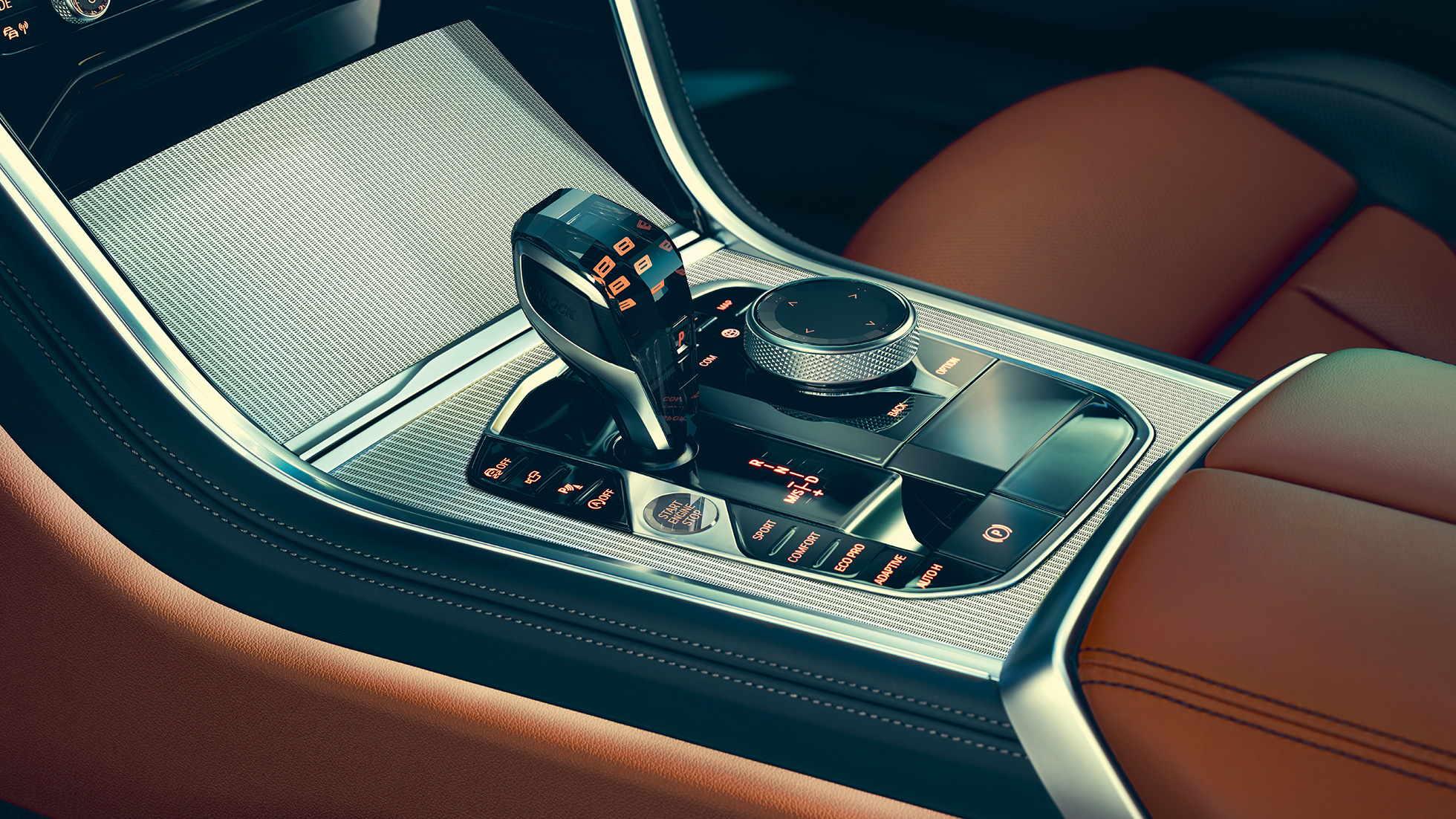 BMW 8-serie Coupé, kabine. BMW 8-serie Coupé, kabine, nærbillede af gearstang.
