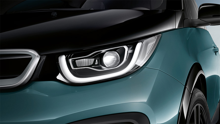 BMW i3 I01 2018 Blue Ridge Mountain med detaljer i Frozen Grey metallic nærbillede front LED-forlygter