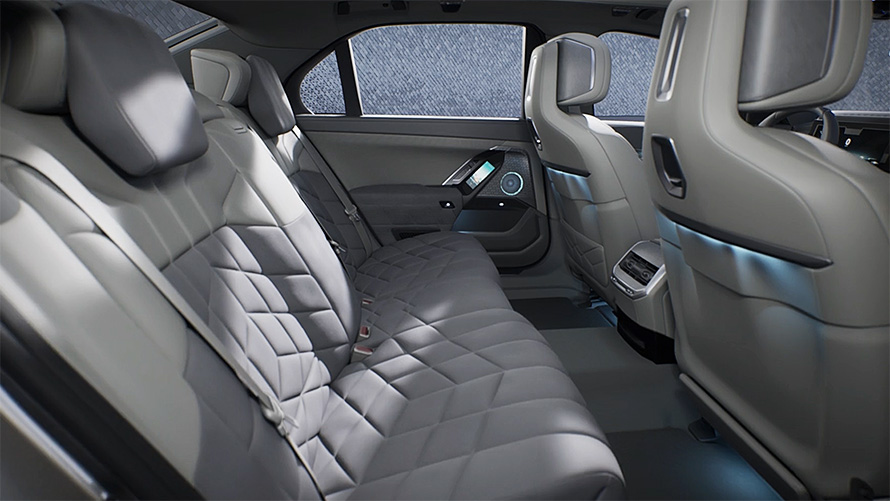 BMW i7 Sedan G70 Private Lounge video BMW i7 Sedan G70 Private Lounge i den bageste del af kabinen i video