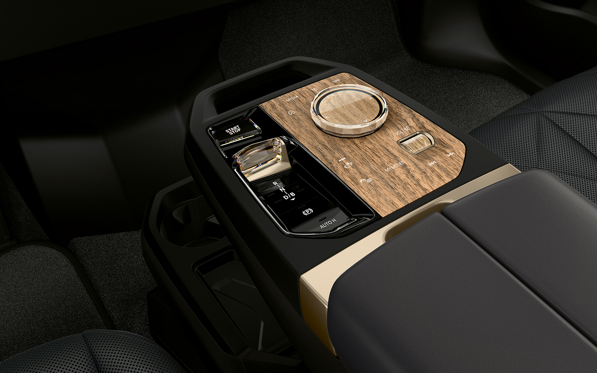 BMW iX M60 i20 2022 elektrisk SUV midterkonsol med start-/stop-knap og BMW Controller kabine