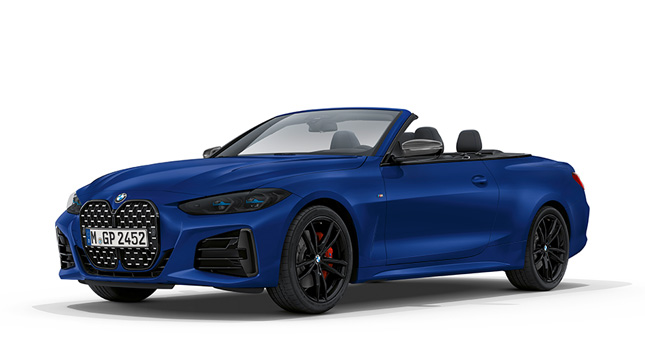 BMW M440i xDrive Cabriolet G23 2020 BMW Individual Frozen Portimao Blue metallic set forfra let drejet 