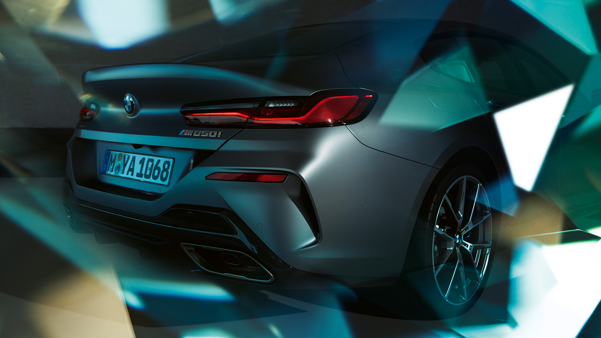 BMW M850i xDrive Gran Coupé nærbillede bagende BMW M850i xDrive Gran Coupé G16 2019 BMW Individual Frozen Bluestone Metallic nærbillede bagende