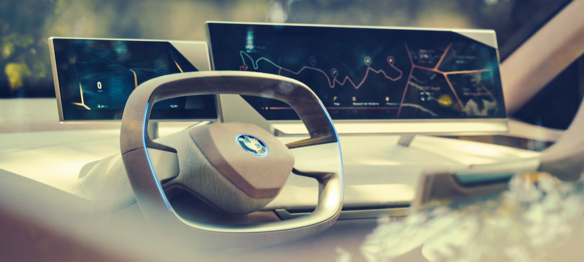 Kabinen i BMW Vision iNEXT Kabinen i BMW Vision iNEXT med rat og dashboard