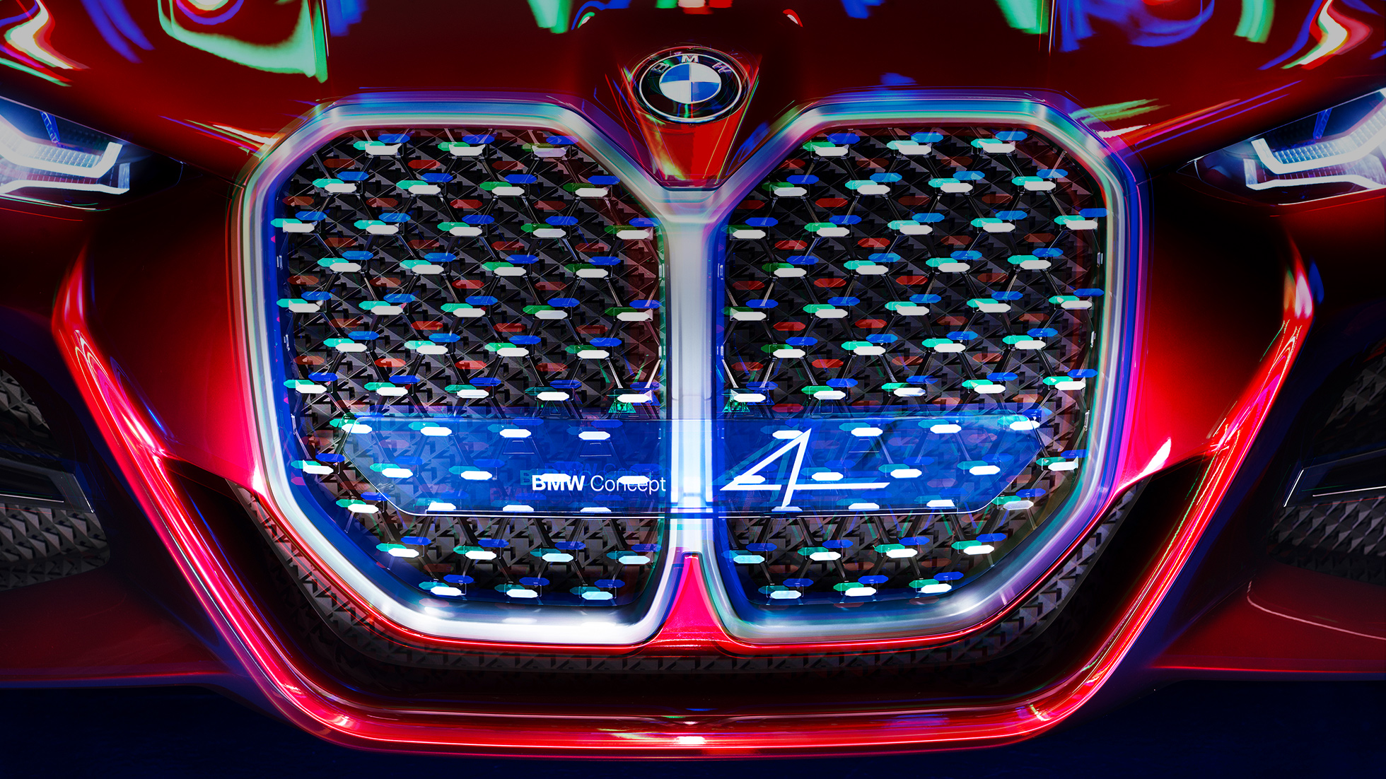 Vertikal BMW nyre BMW Concept 4 Vertikal BMW nyre med elementer i skinnende krystalglas BMW Concept 4 Forbidden Red eksteriørdesign