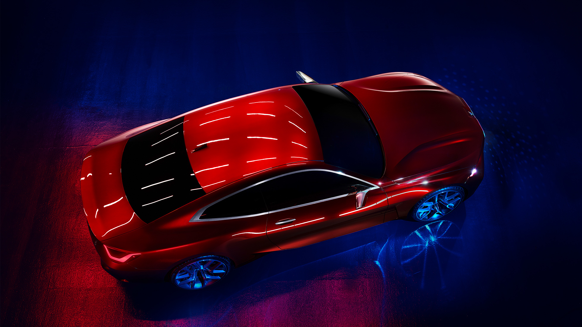 Lakering Forbidden Red BMW Concept 4 Spændende lakering Forbidden Red BMW Concept 4 eksteriørdesign fugleperspektiv