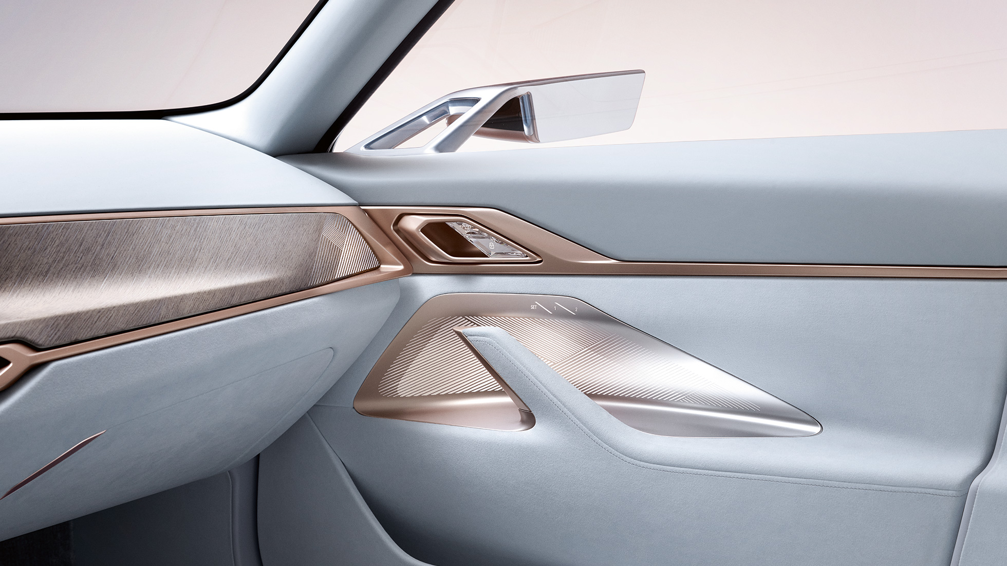 Interiør 4 BMW Concept i4 2020 G26 Interiør 4 BMW Concept i4 2020 G26 elbil fuldt elektrisk BMW Gran Coupé nærbillede dør med sidespejl