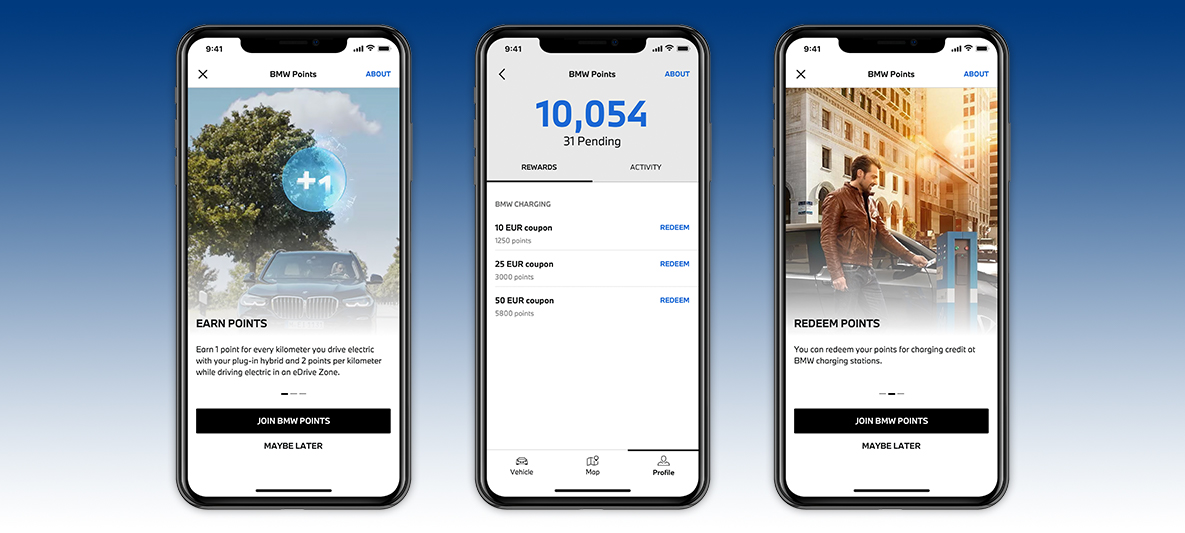 My BMW App Elkørsel og indsamling af BMW Points Skærm på smartphone My BMW App Elkørsel og indsamling af BMW Points Skærm på smartphone