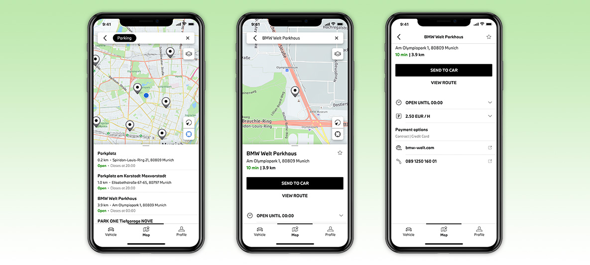 My BMW App Planlægning og overførsel af ture til bilen Skærm på smartphone My BMW App Planlægning og overførsel af ture til bilen Skærm på smartphone