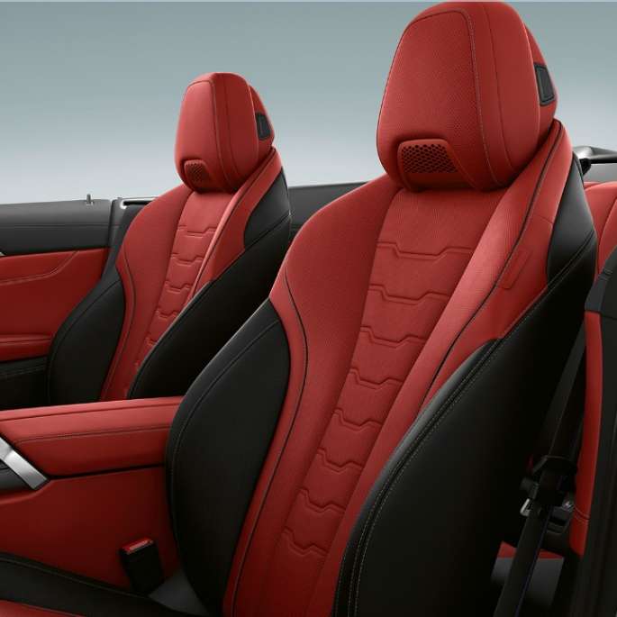 BMW M850i xDrive, Carbon Black Metallic, BMW Individual udvidet læderpakke "Merino" Fiona Red/Black.